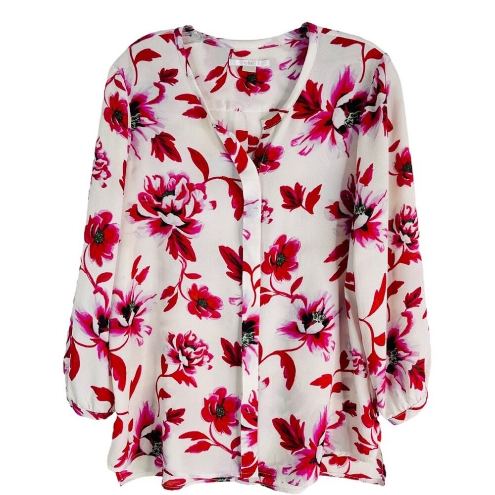 C&E pink white floral crepe button down office blouse top large